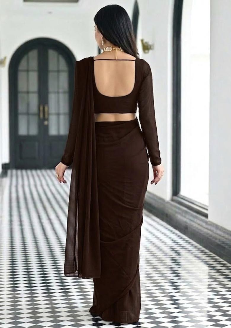 Chocolate Brown Embroidered Pre Draped Saree Set - Indya