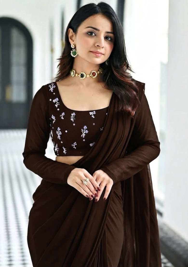 Chocolate Brown Embroidered Pre Draped Saree Set - Indya