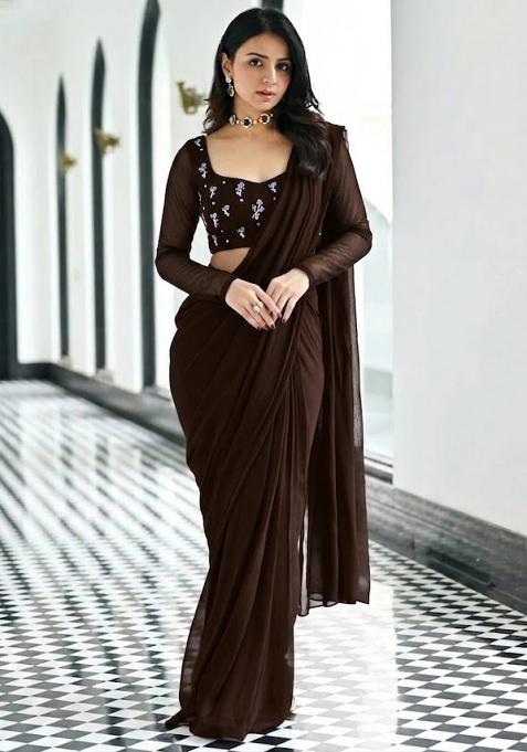 Chocolate Brown Embroidered Pre Draped Saree Set