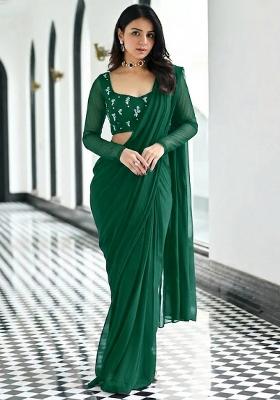 Forest Green Embroidered Pre Draped Saree Set