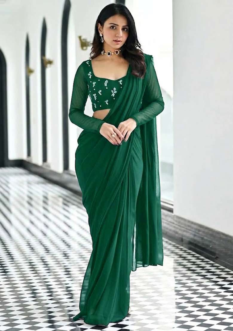 Forest Green Embroidered Pre Draped Saree Set - Indya