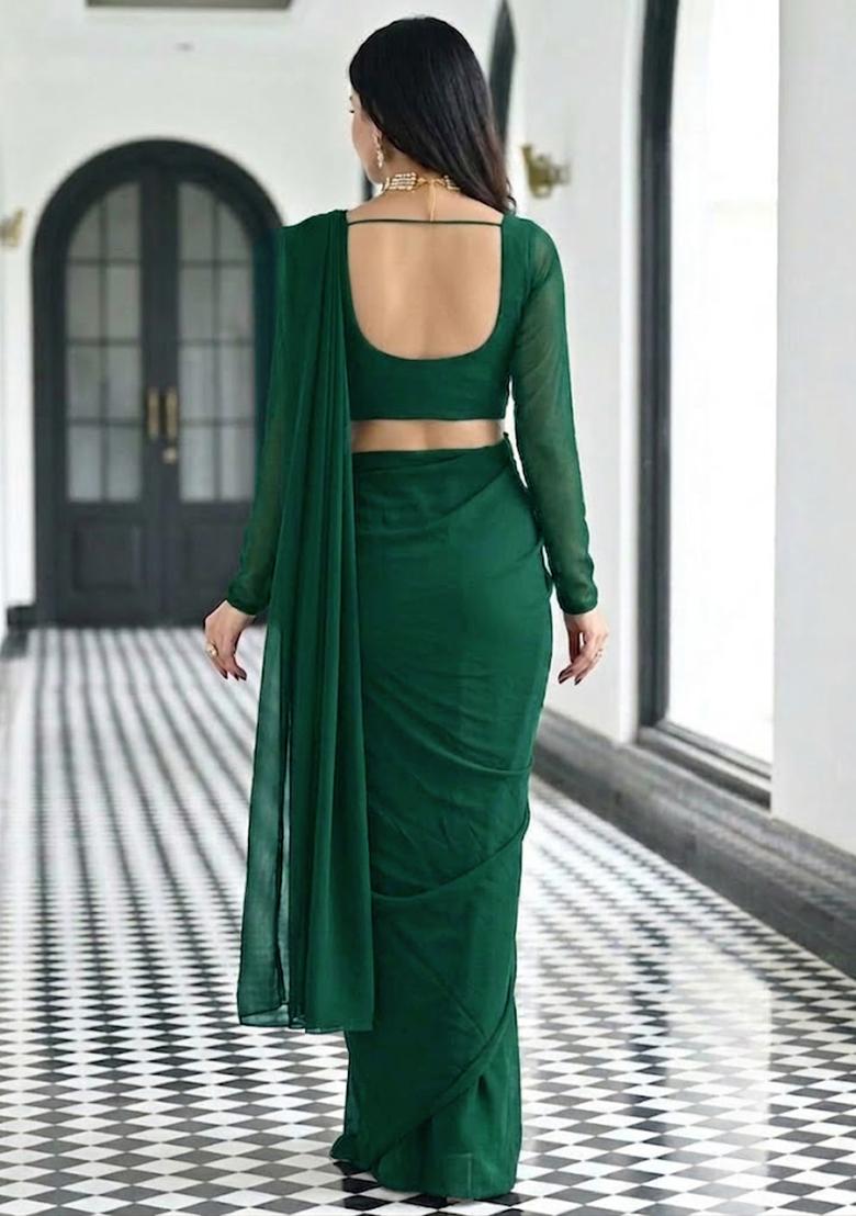 Forest Green Embroidered Pre Draped Saree Set - Indya