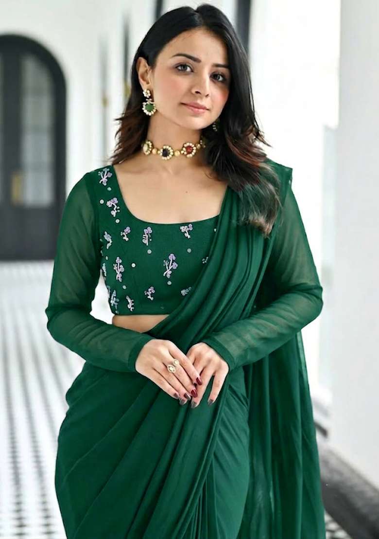 Forest Green Embroidered Pre Draped Saree Set - Indya