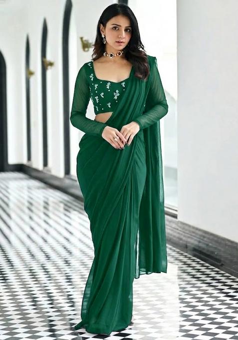 Forest Green Embroidered Pre Draped Saree Set