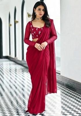 Deep Wine Embroidered Pre Draped Saree Set