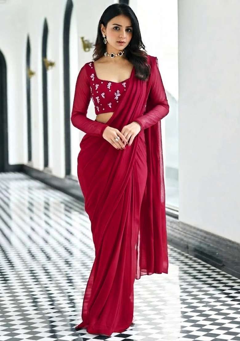 Deep Wine Embroidered Pre Draped Saree Set - Indya