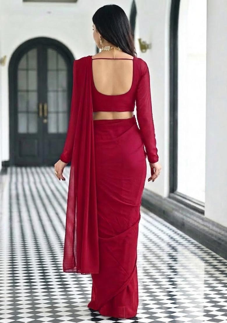 Deep Wine Embroidered Pre Draped Saree Set - Indya
