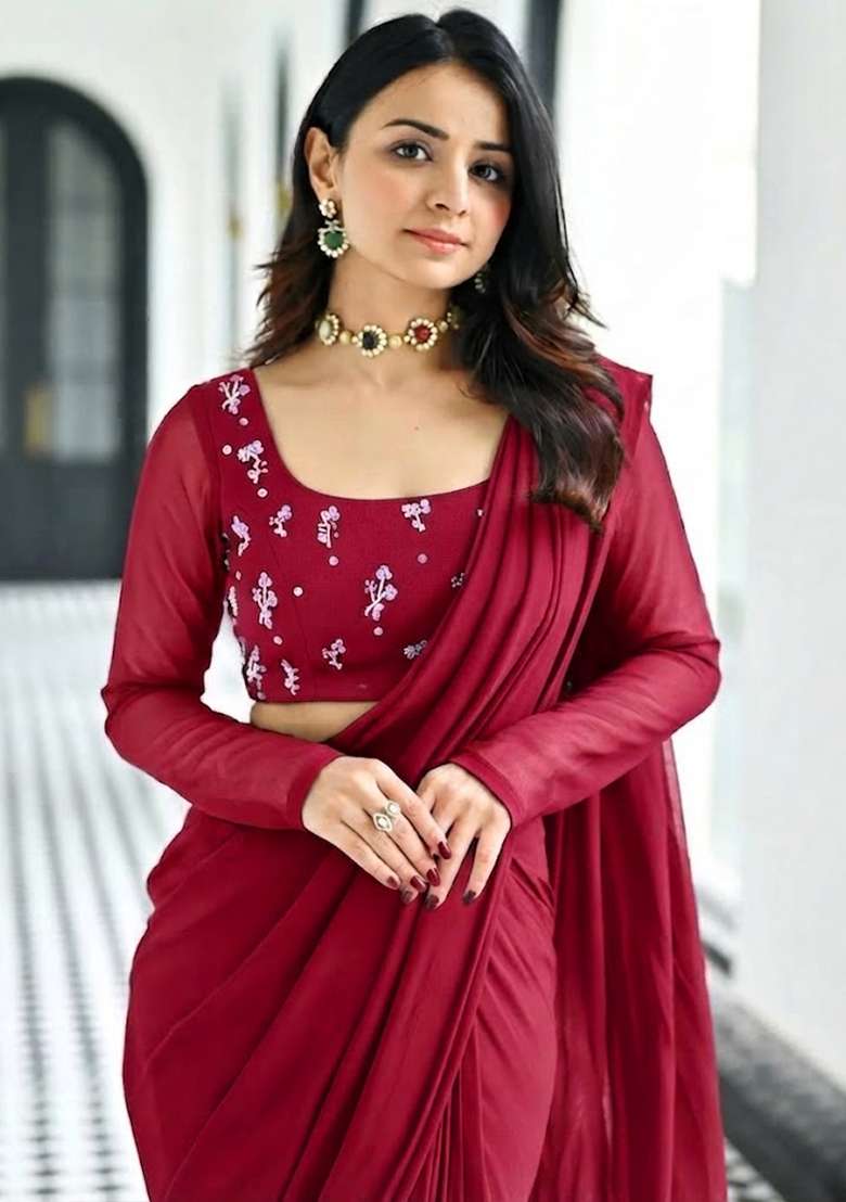 Deep Wine Embroidered Pre Draped Saree Set - Indya