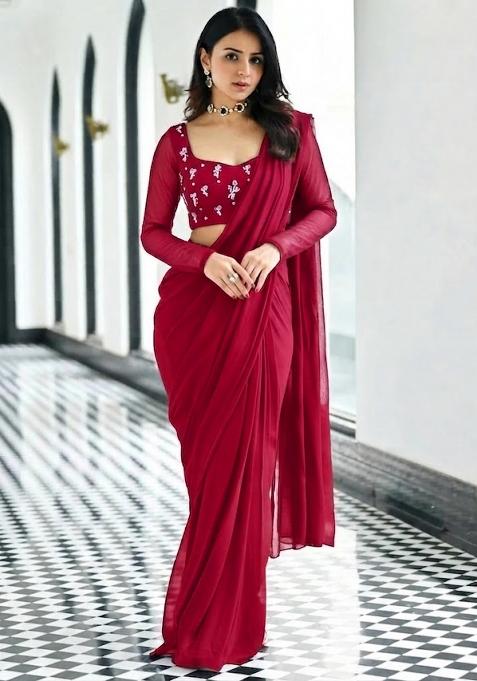 Deep Wine Embroidered Pre Draped Saree Set