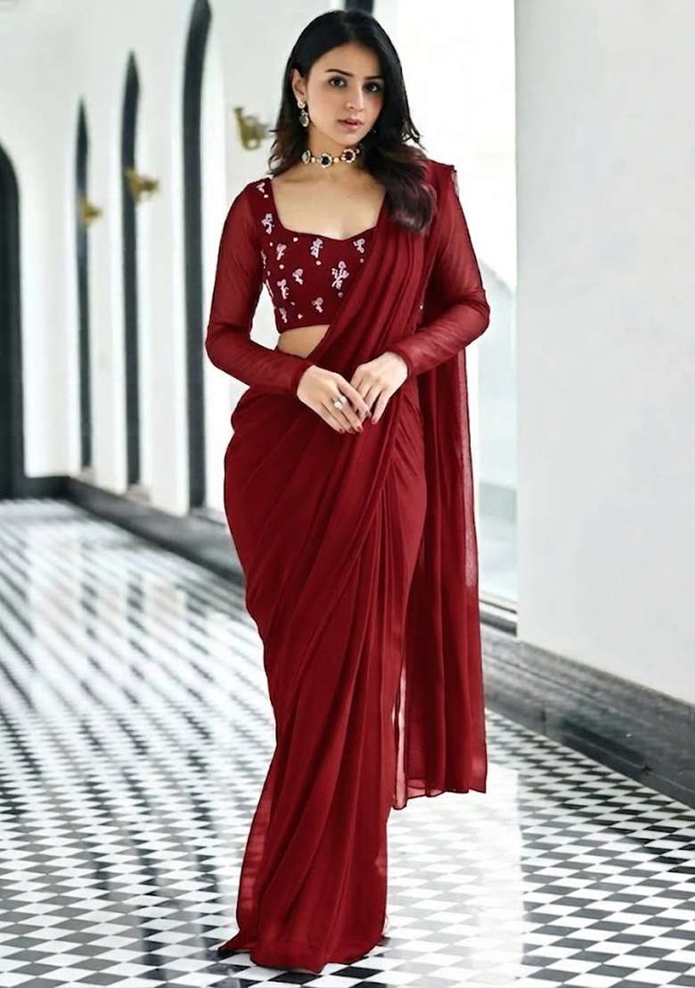 Burgundy Wine Embroidered Pre Draped Saree Set - Indya