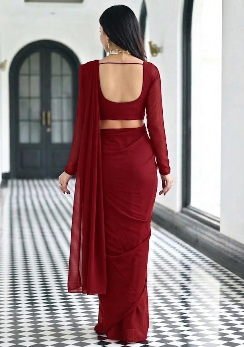 Burgundy Wine Embroidered Pre Draped Saree Set - Indya