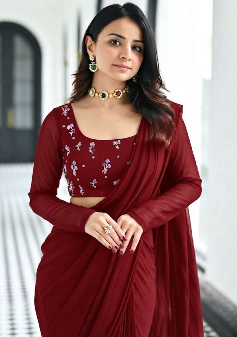 Burgundy Wine Embroidered Pre Draped Saree Set - Indya