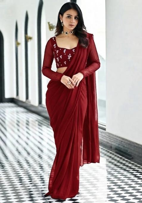 Burgundy Wine Embroidered Pre Draped Saree Set