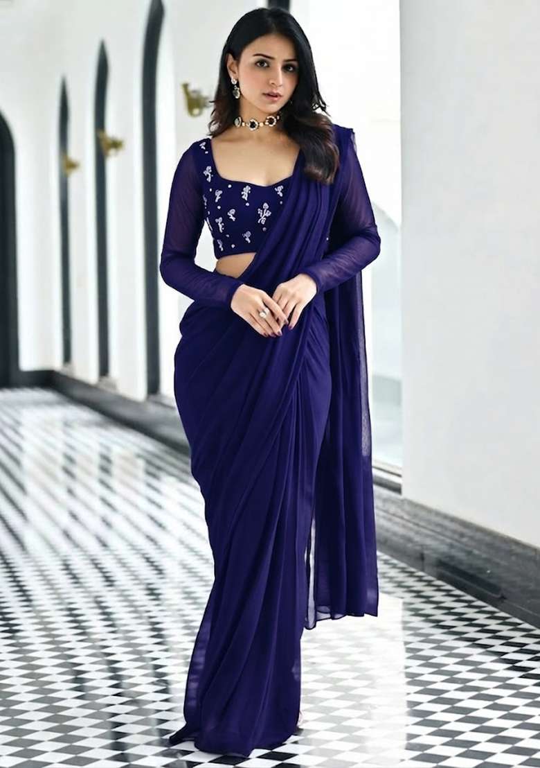 Navy Blue Embroidered Pre Draped Saree Set - Indya