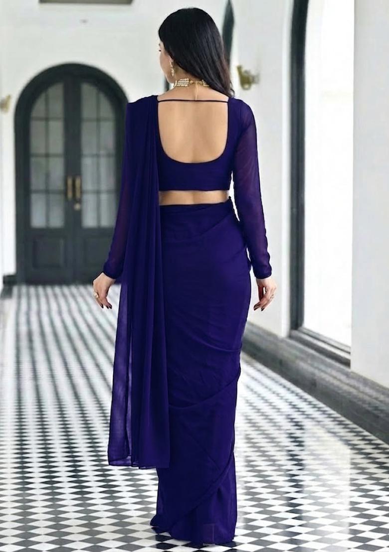 Navy Blue Embroidered Pre Draped Saree Set - Indya