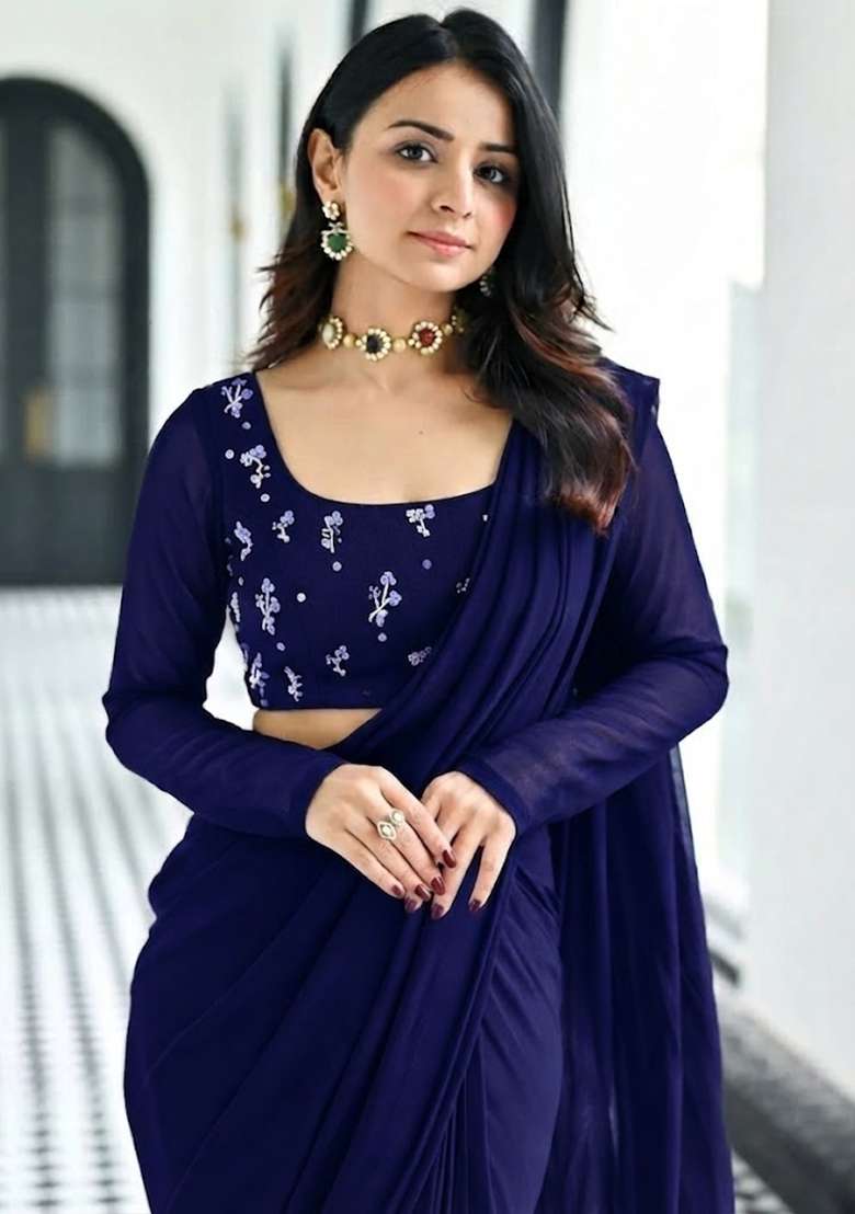 Navy Blue Embroidered Pre Draped Saree Set - Indya