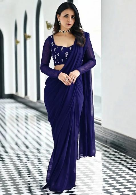 Navy Blue Embroidered Pre Draped Saree Set