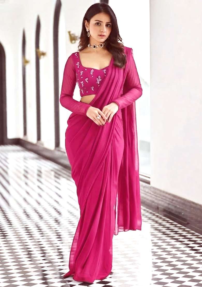 Magenta Pink Embroidered Pre Draped Saree Set - Indya