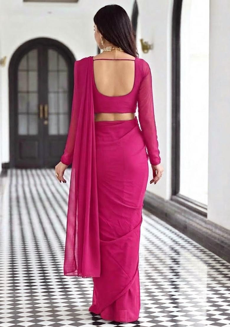 Magenta Pink Embroidered Pre Draped Saree Set - Indya