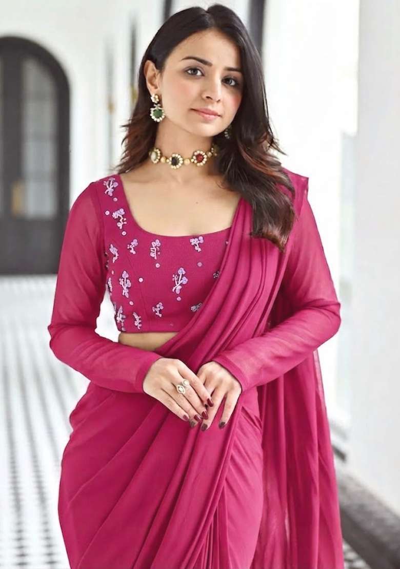 Magenta Pink Embroidered Pre Draped Saree Set - Indya