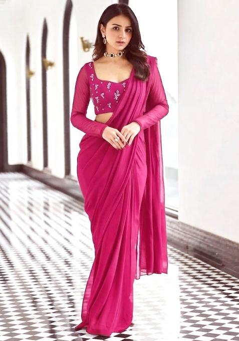 Magenta Pink Embroidered Pre Draped Saree Set