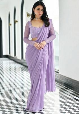 Light Purple Embroidered Pre Draped Saree Set