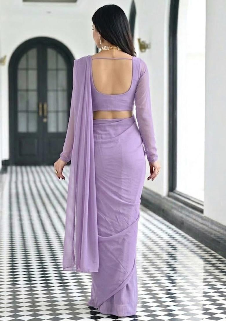 Light Purple Embroidered Pre Draped Saree Set - Indya