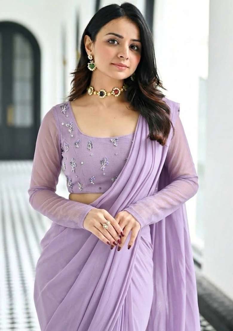 Light Purple Embroidered Pre Draped Saree Set - Indya