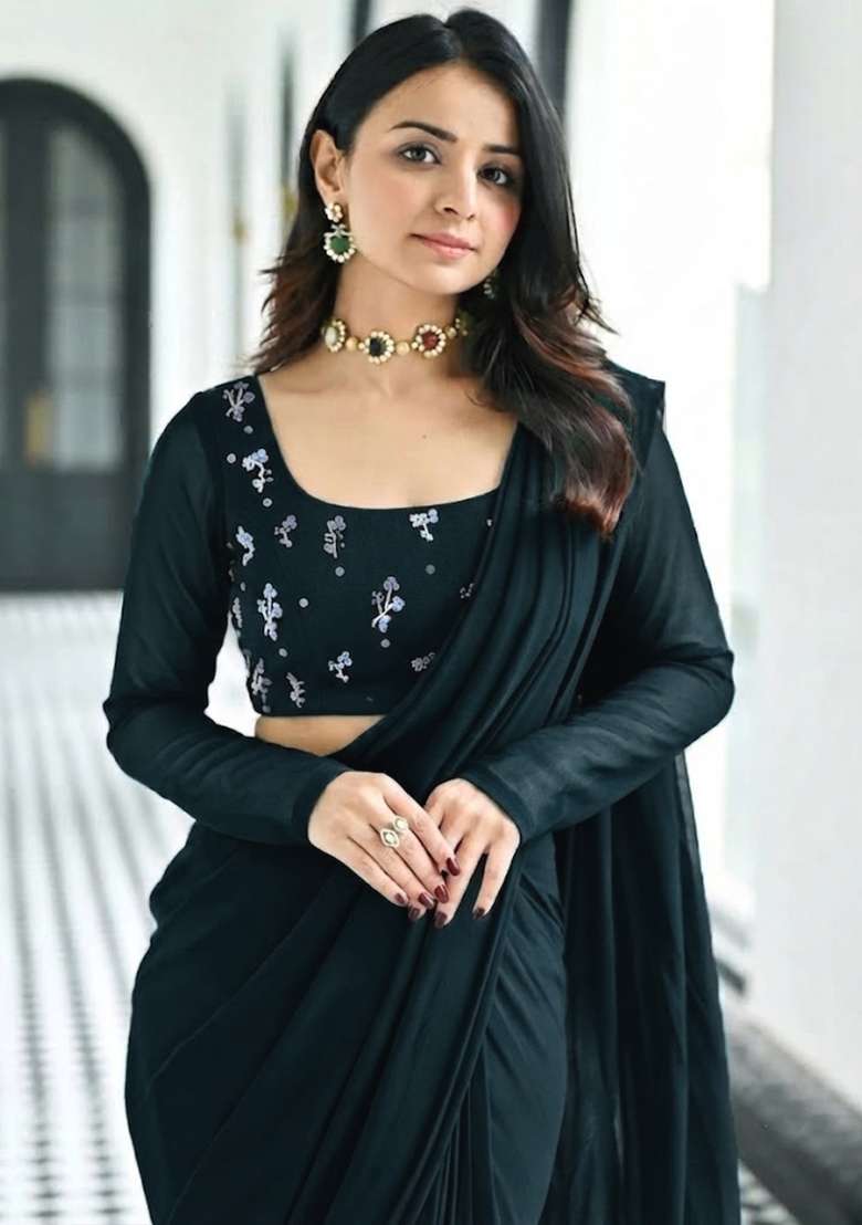 Deep Teal Embroidered Pre Draped Saree Set - Indya