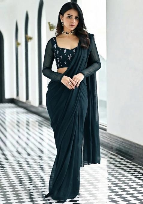 Deep Teal Embroidered Pre Draped Saree Set