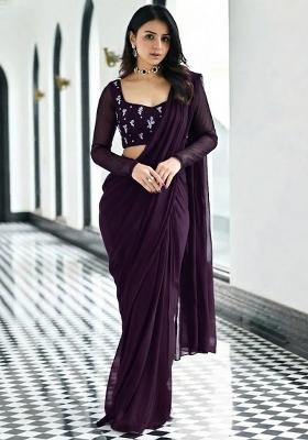 Deep Purple Embroidered Pre Draped Saree Set