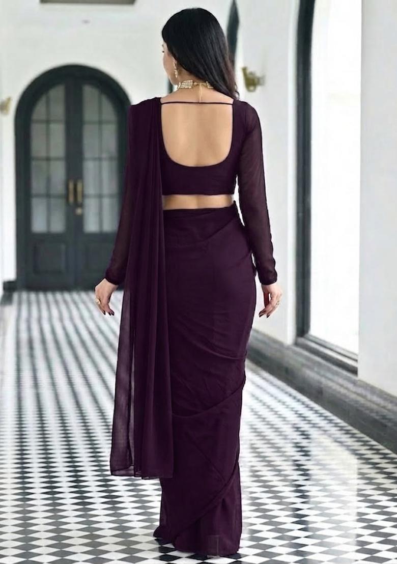 Deep Purple Embroidered Pre Draped Saree Set - Indya