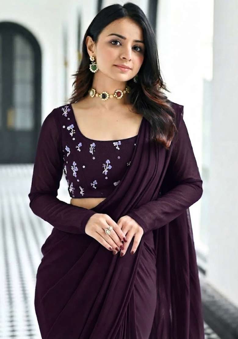 Deep Purple Embroidered Pre Draped Saree Set - Indya