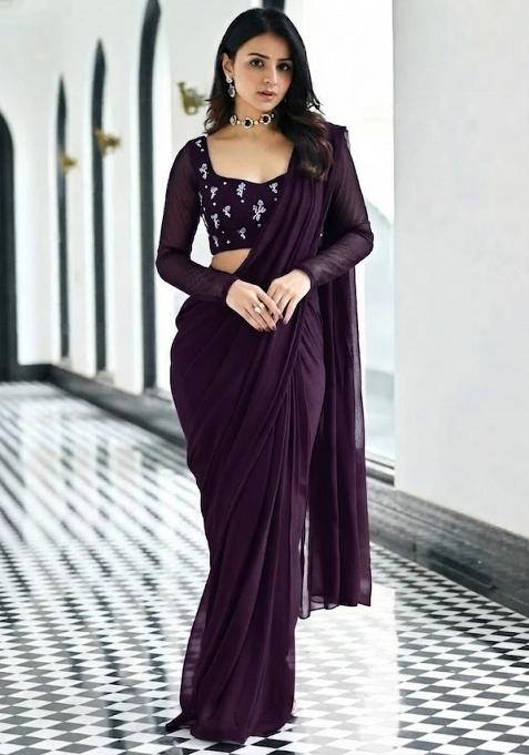 Deep Purple Embroidered Pre Draped Saree Set