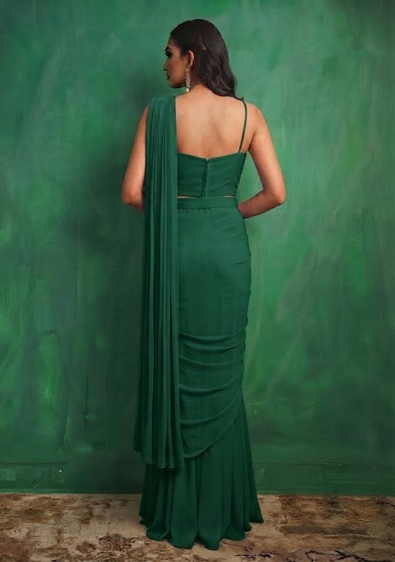 Dark Green Embellished Pre Draped Saree Set - Indya