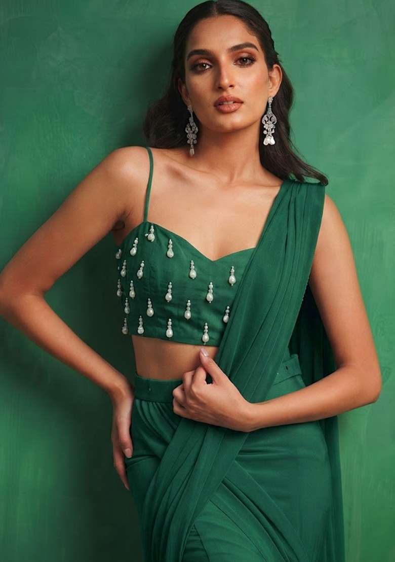 Dark Green Embellished Pre Draped Saree Set - Indya