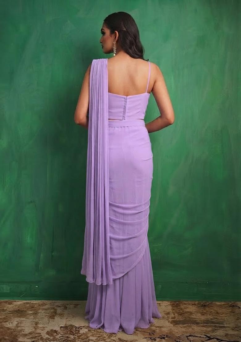 Light Purple Embellished Pre Draped Saree Set - Indya
