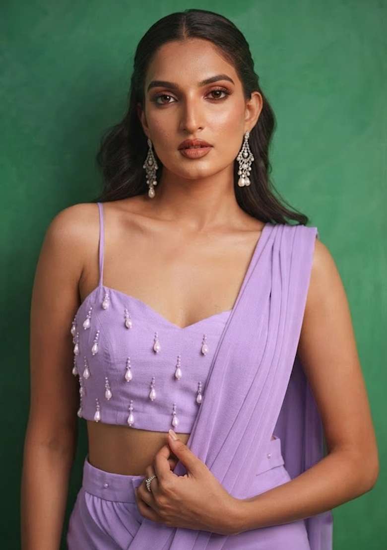 Light Purple Embellished Pre Draped Saree Set - Indya