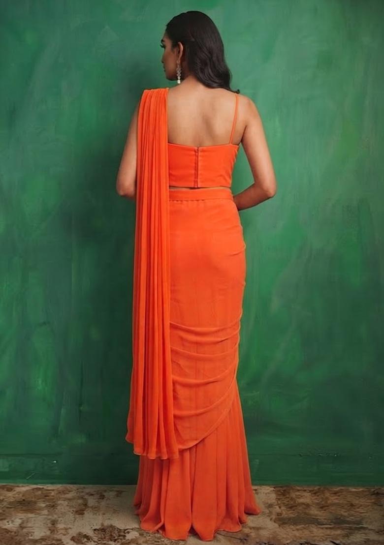 Orange Embellished Pre Draped Saree Set - Indya