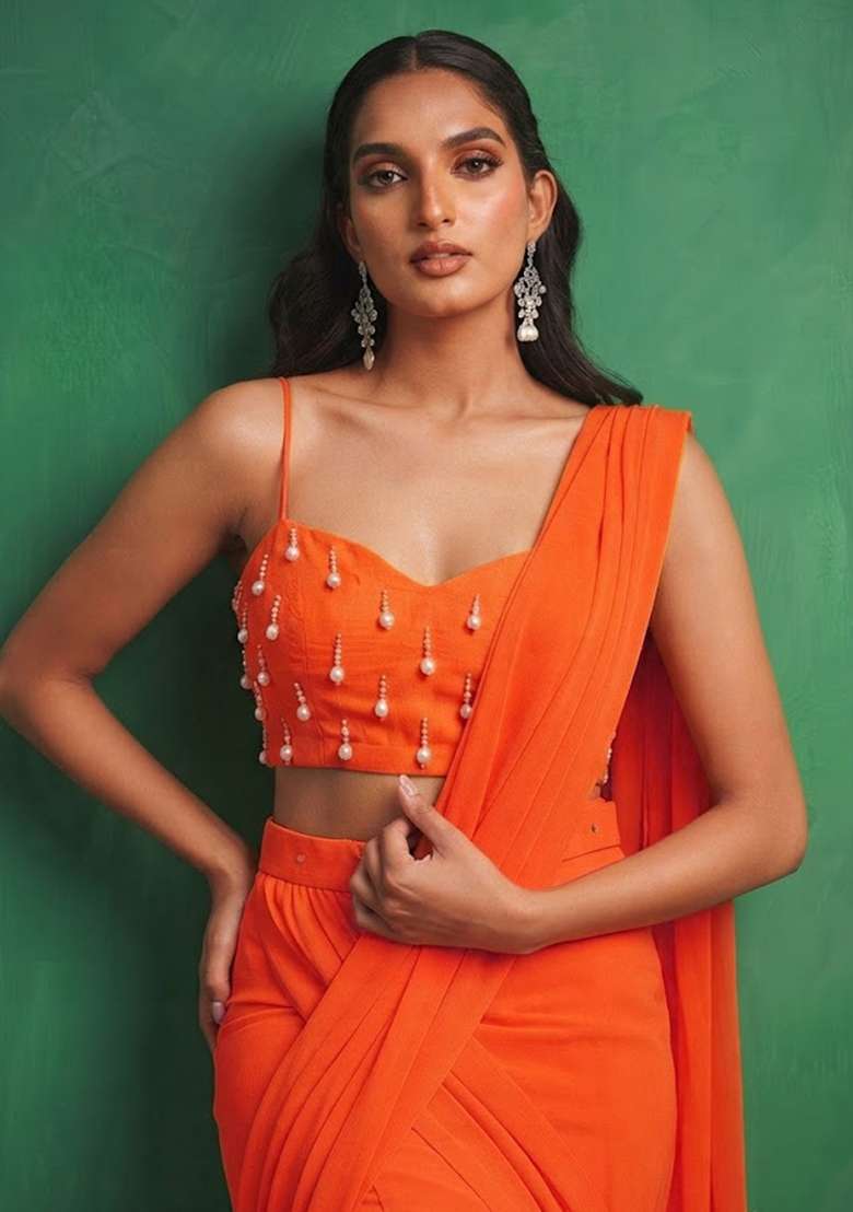 Orange Embellished Pre Draped Saree Set - Indya