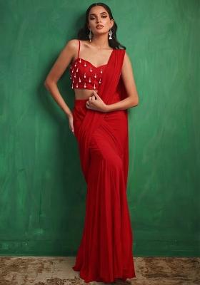 Cherry Red Embellished Pre Draped Saree Set