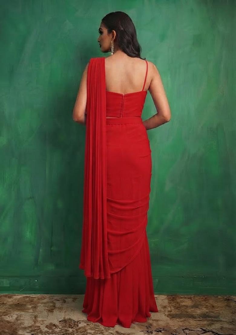 Cherry Red Embellished Pre Draped Saree Set - Indya