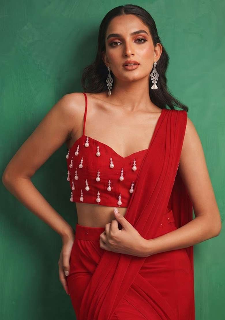 Cherry Red Embellished Pre Draped Saree Set - Indya