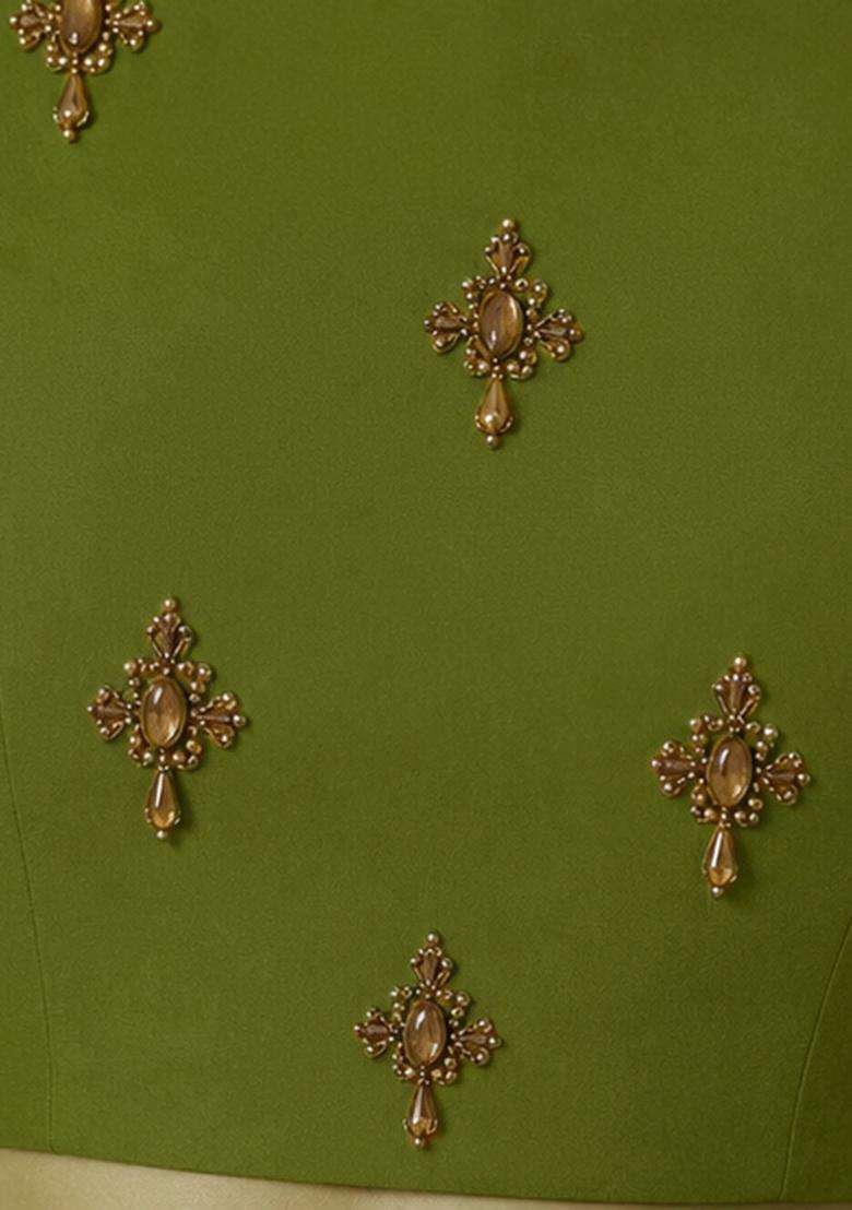 Olive Embellished Fusion Set - Indya