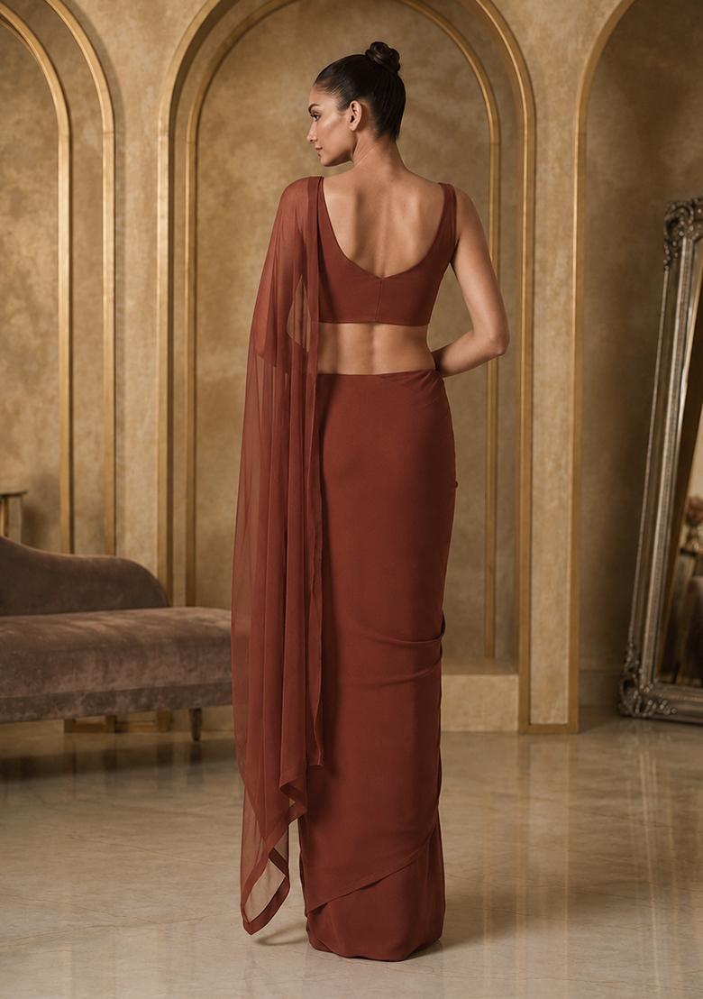 Burnt Orange Embellished Pre Draped Saree Set - Indya