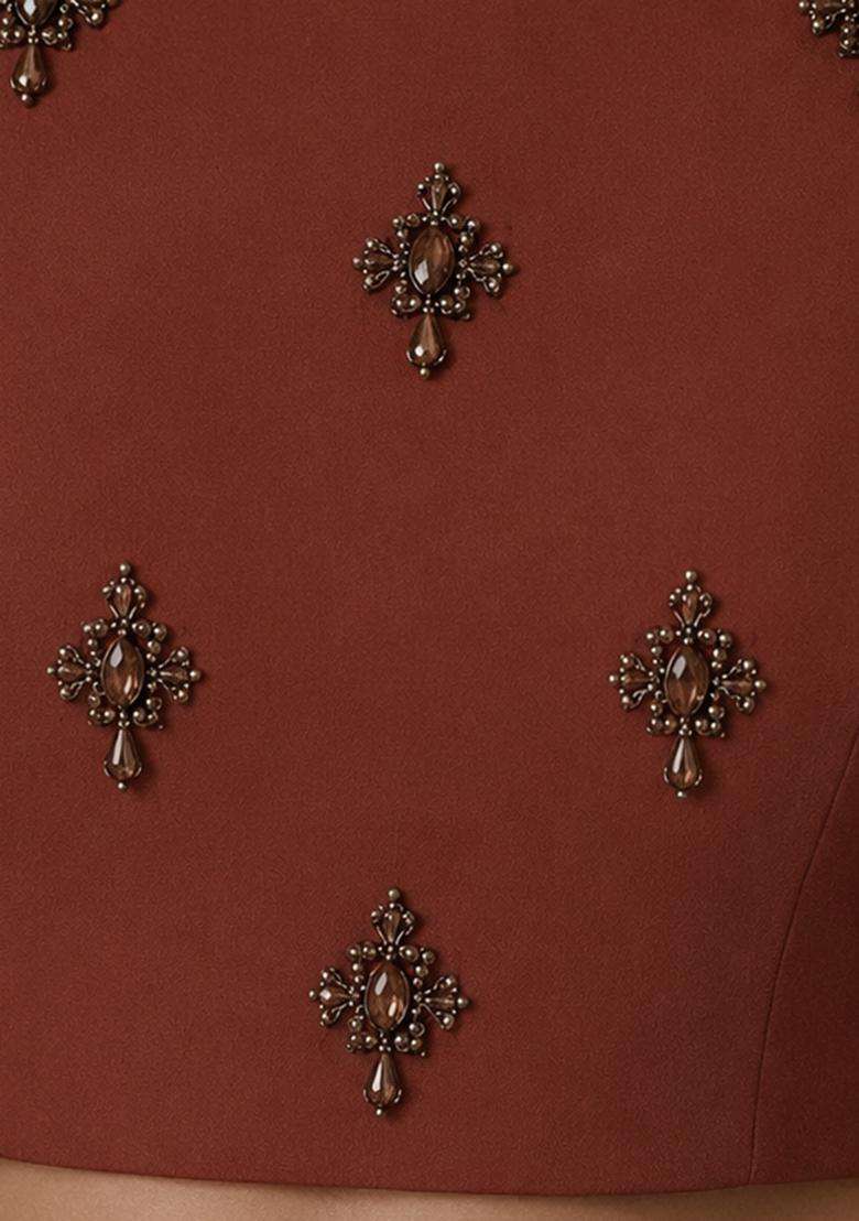 Burnt Orange Embellished Pre Draped Saree Set - Indya
