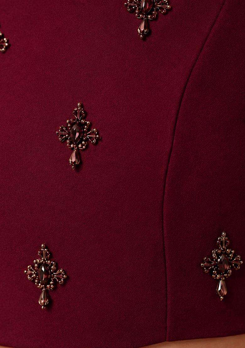 Burgundy Wine Solid Pre Draped Saree Set - Indya
