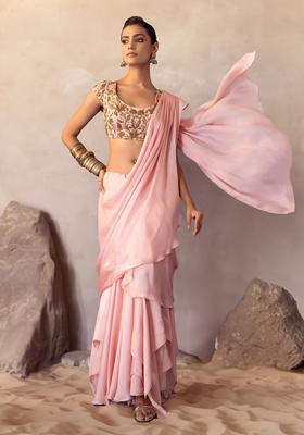Pink Hand Work Pre Stitched Saree Set