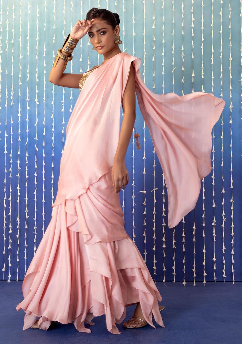 Pink Hand Work Pre Stitched Saree Set - Indya