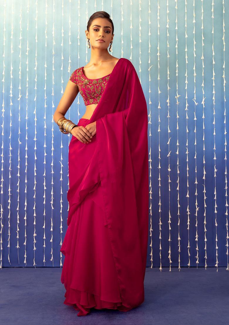 Magenta Pink Hand Work Pre Stitched Saree Set - Indya